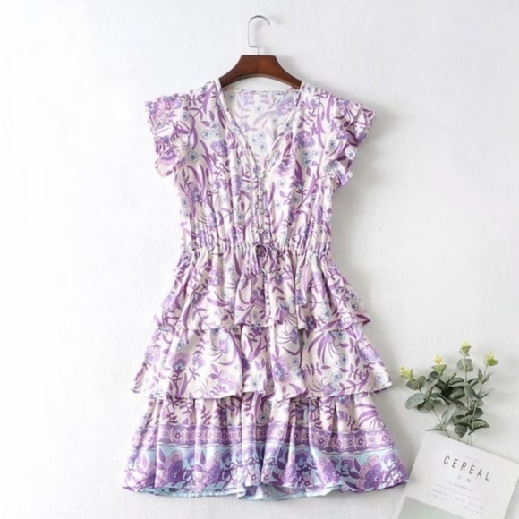 Bohemian Floral Print Ruffle Layered Mini Dress - Picture 5 of 5